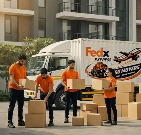 A professional team carefully packing boxes and preparing for relocation alongside a branded white moving truck.